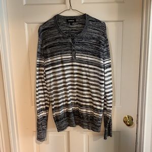 Express. Men’s gray, white and black, striped sweater size large.
